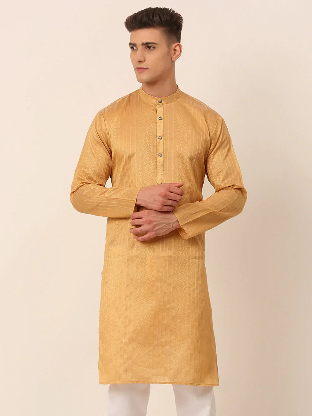 Jompers Men's Silk Blend Sequence Embroidered Kurta Only - Beige | Grocsy