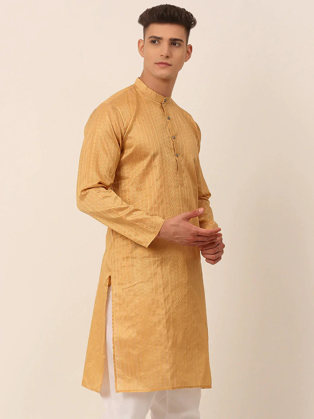 Jompers Men's Silk Blend Sequence Embroidered Kurta Only - Beige | Grocsy