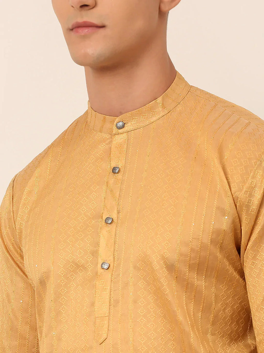 Jompers Men's Silk Blend Sequence Embroidered Kurta Only - Beige | Grocsy