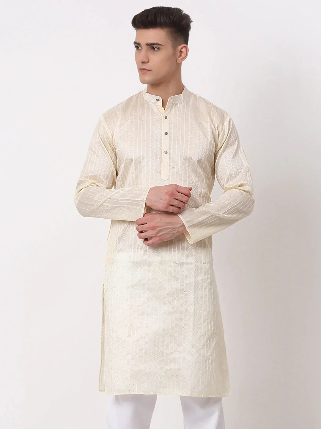 Jompers Men's Silk Blend Sequence Embroidered Kurta Only - Cream | Grocsy