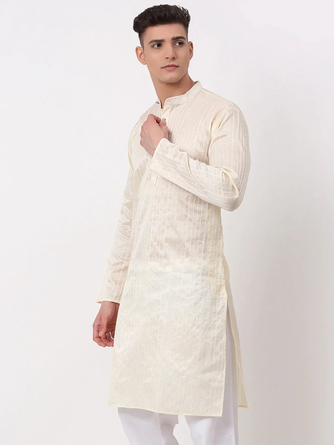 Jompers Men's Silk Blend Sequence Embroidered Kurta Only - Cream | Grocsy
