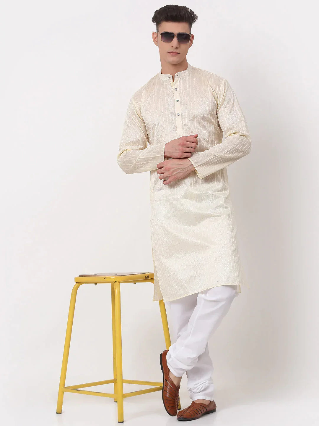 Jompers Men's Silk Blend Sequence Embroidered Kurta Only - Cream | Grocsy