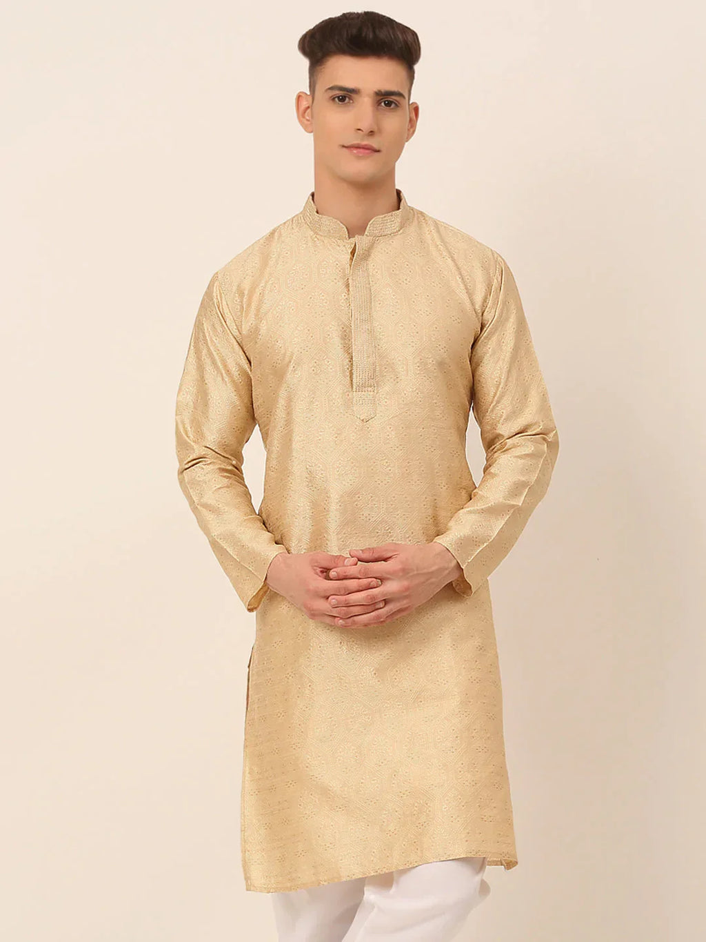 Jompers Men's Silk Blend Collar Embroidered Kurta only - Beige | Grocsy