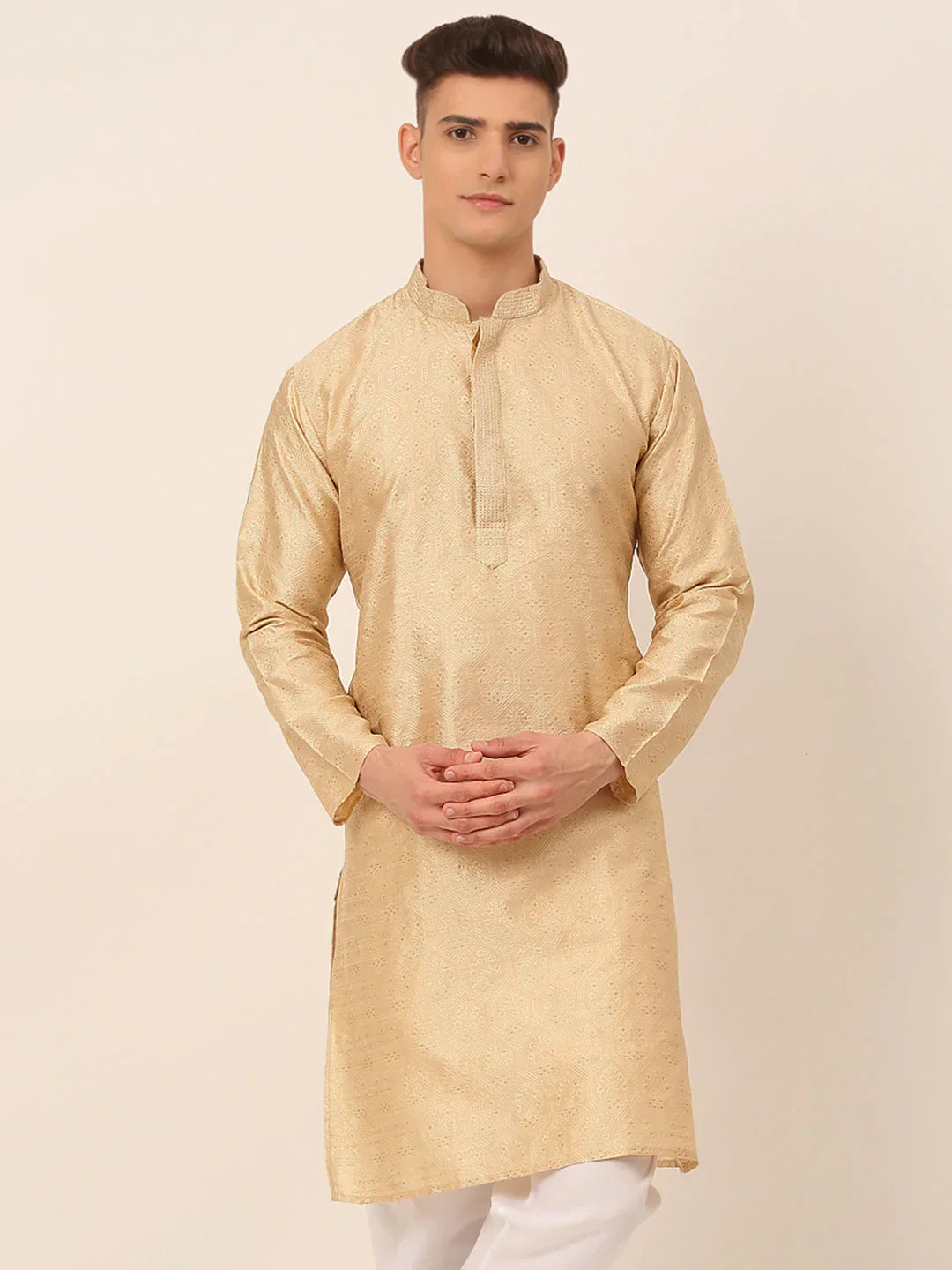 Jompers Men's Silk Blend Collar Embroidered Kurta only - Beige | Grocsy