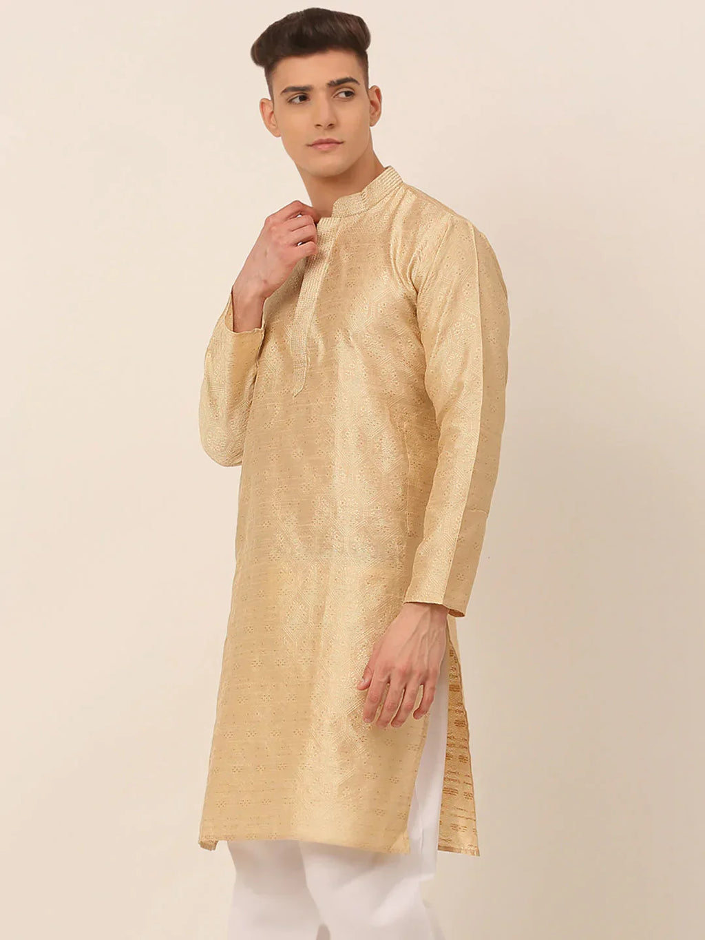 Jompers Men's Silk Blend Collar Embroidered Kurta only - Beige | Grocsy