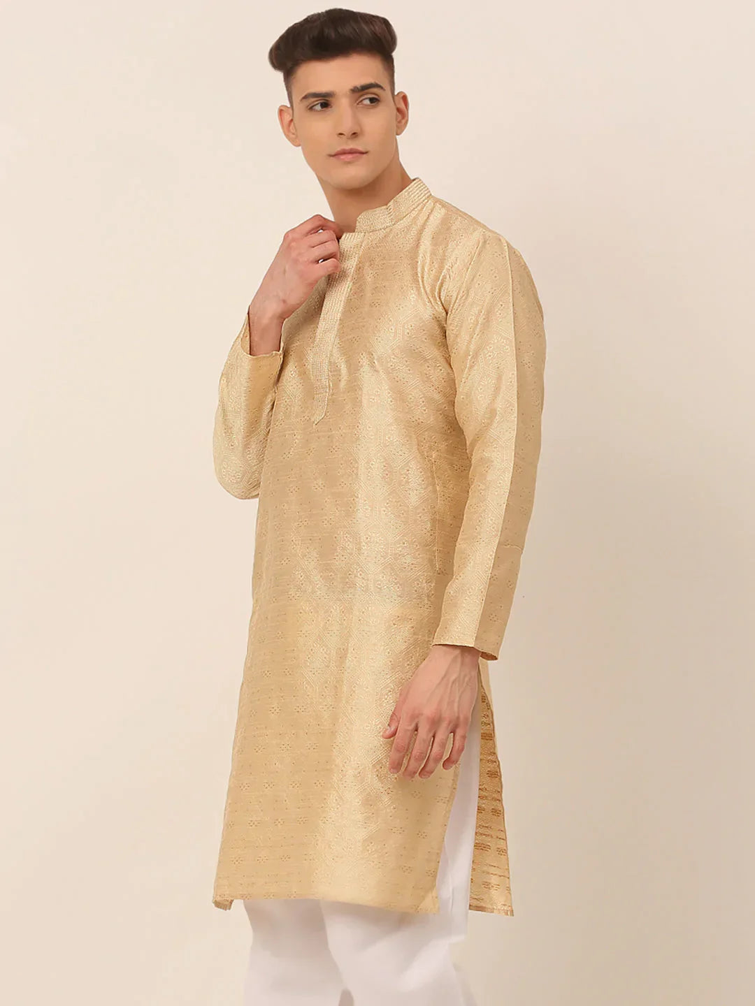 Jompers Men's Silk Blend Collar Embroidered Kurta only - Beige | Grocsy