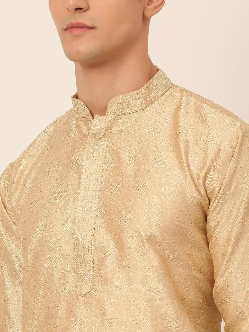 Jompers Men's Silk Blend Collar Embroidered Kurta only - Beige | Grocsy