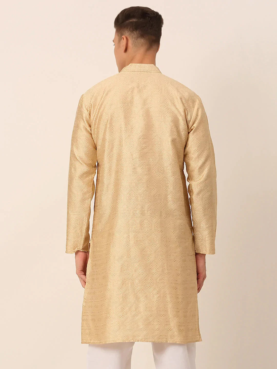 Jompers Men's Silk Blend Collar Embroidered Kurta only - Beige | Grocsy
