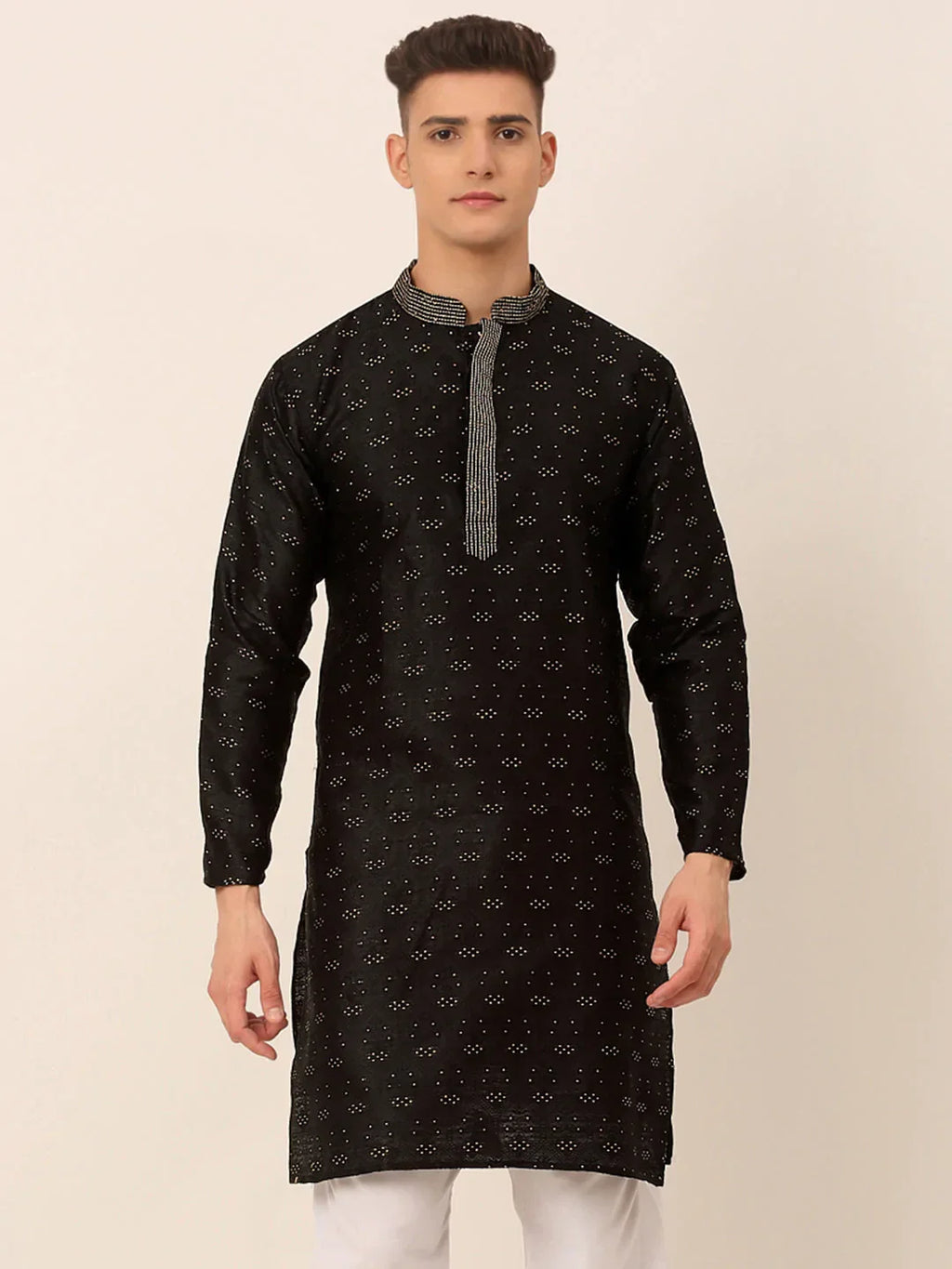 Jompers Men's Silk Blend Collar Embroidered Kurta only - Black | Grocsy
