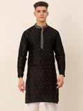 Jompers Men's Silk Blend Collar Embroidered Kurta only - Black | Grocsy