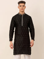 Jompers Men's Silk Blend Collar Embroidered Kurta only - Black | Grocsy