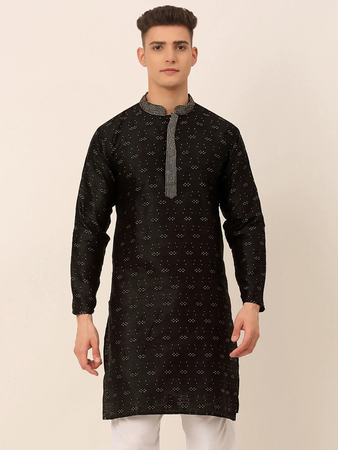 Jompers Men's Silk Blend Collar Embroidered Kurta only - Black | Grocsy