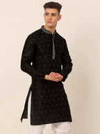 Jompers Men's Silk Blend Collar Embroidered Kurta only - Black | Grocsy