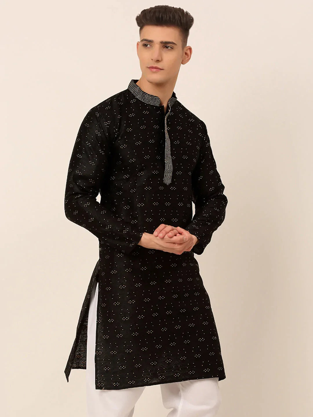 Jompers Men's Silk Blend Collar Embroidered Kurta only - Black | Grocsy
