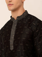 Jompers Men's Silk Blend Collar Embroidered Kurta only - Black | Grocsy