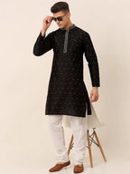 Jompers Men's Silk Blend Collar Embroidered Kurta only - Black | Grocsy