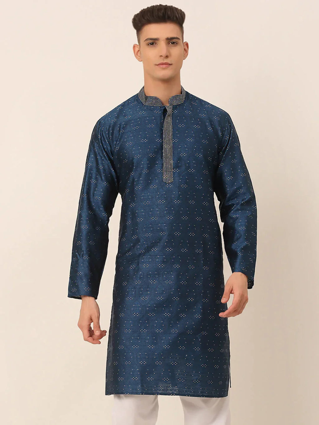 Jompers Men's Silk Blend Collar Embroidered Kurta only - Peacock | Grocsy