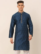 Jompers Men's Silk Blend Collar Embroidered Kurta only - Peacock | Grocsy