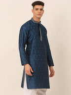 Jompers Men's Silk Blend Collar Embroidered Kurta only - Peacock | Grocsy