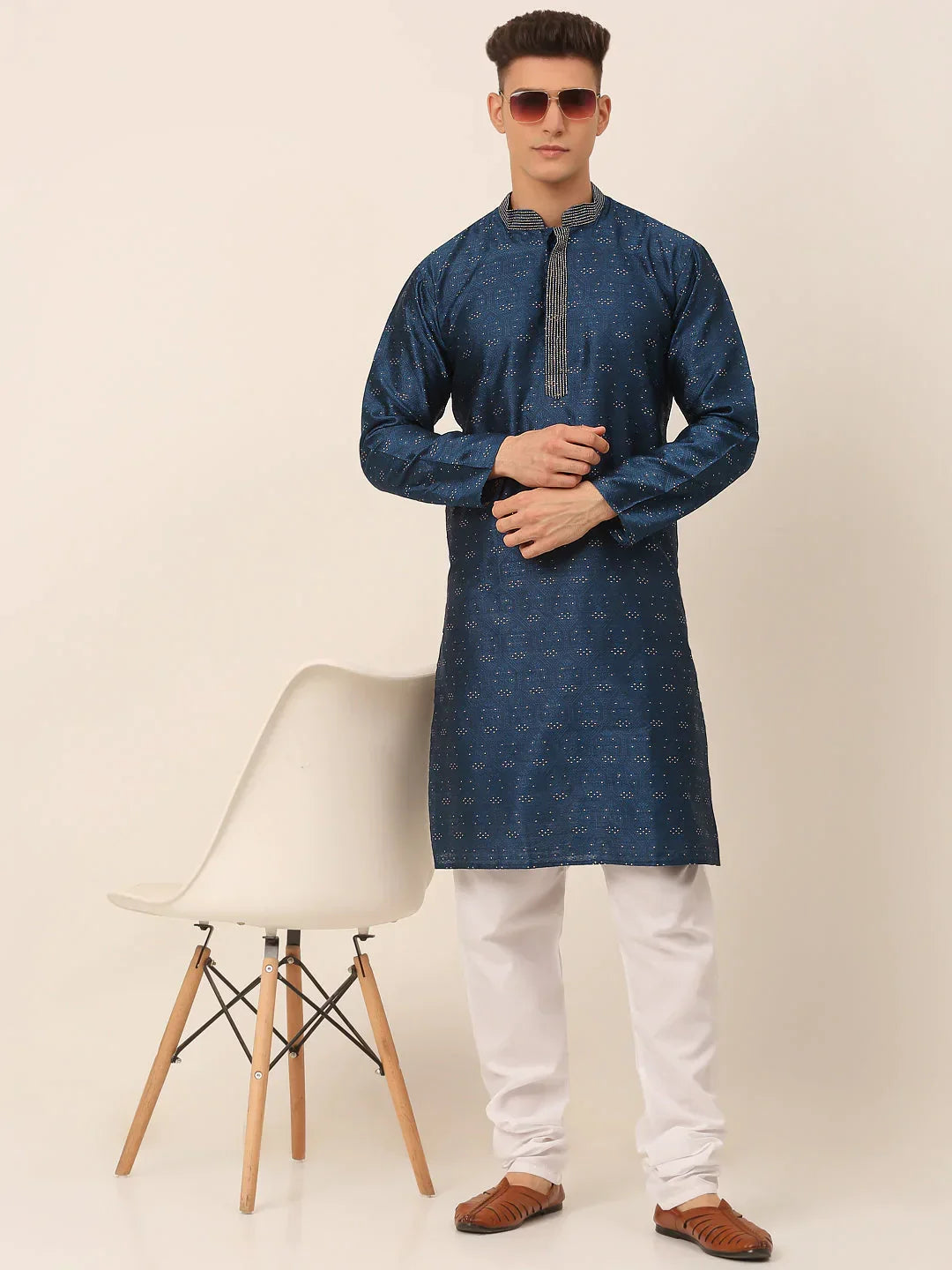 Jompers Men's Silk Blend Collar Embroidered Kurta only - Peacock | Grocsy