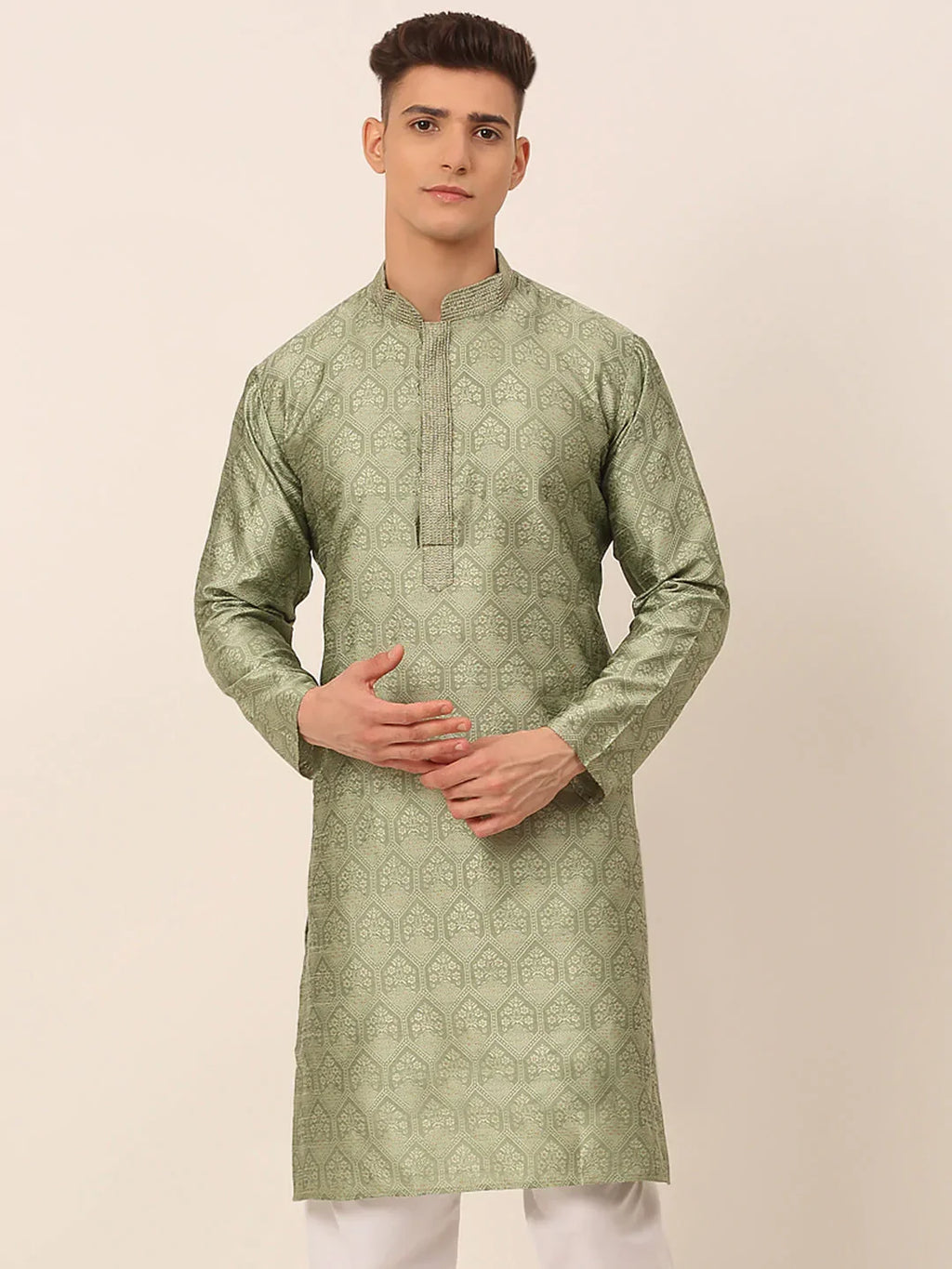 Jompers Men's Silk Blend Collar Embroidered Kurta only - Pista | Grocsy