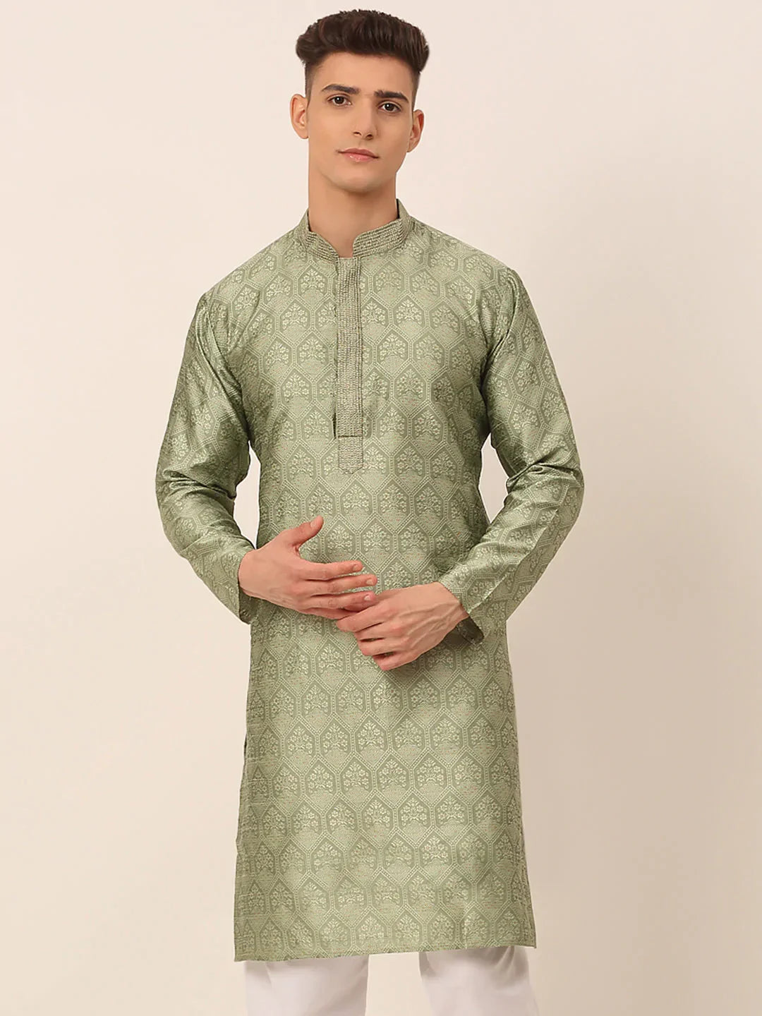 Jompers Men's Silk Blend Collar Embroidered Kurta only - Pista | Grocsy