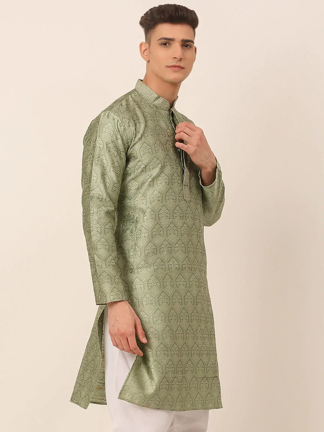 Jompers Men's Silk Blend Collar Embroidered Kurta only - Pista | Grocsy