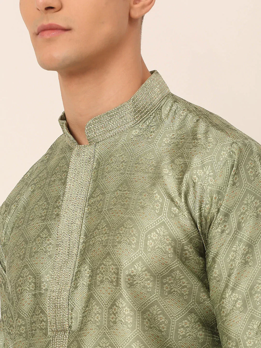 Jompers Men's Silk Blend Collar Embroidered Kurta only - Pista | Grocsy