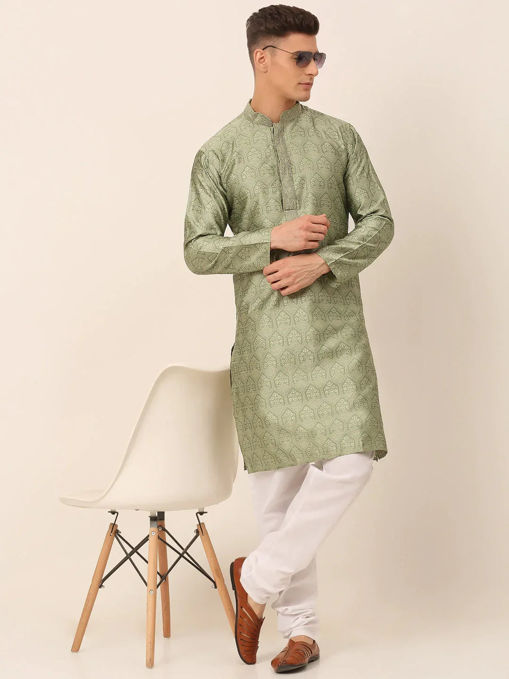 Jompers Men's Silk Blend Collar Embroidered Kurta only - Pista | Grocsy