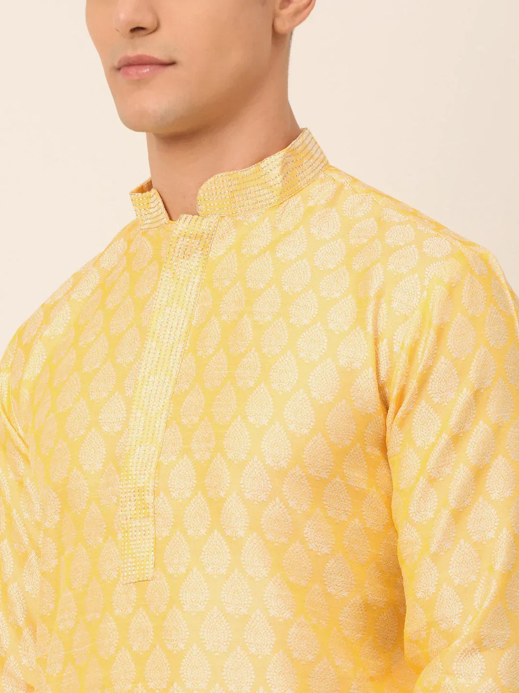 Jompers Men's Silk Blend Collar Embroidered Kurta only - Golden | Grocsy