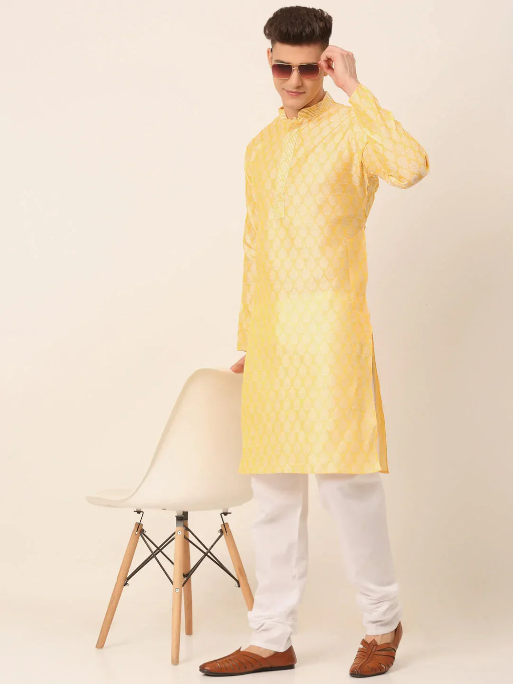 Jompers Men's Silk Blend Collar Embroidered Kurta only - Golden | Grocsy
