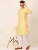 Jompers Men's Silk Blend Collar Embroidered Kurta only - Golden | Grocsy