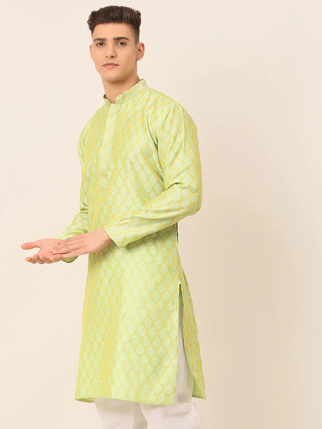 Jompers Men's Silk Blend Collar Embroidered Kurta only - Green | Grocsy
