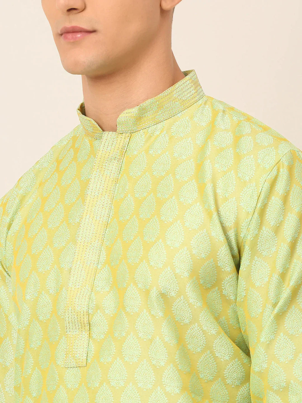 Jompers Men's Silk Blend Collar Embroidered Kurta only - Green | Grocsy