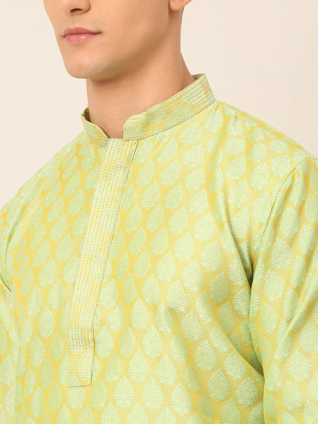 Jompers Men's Silk Blend Collar Embroidered Kurta only - Green | Grocsy