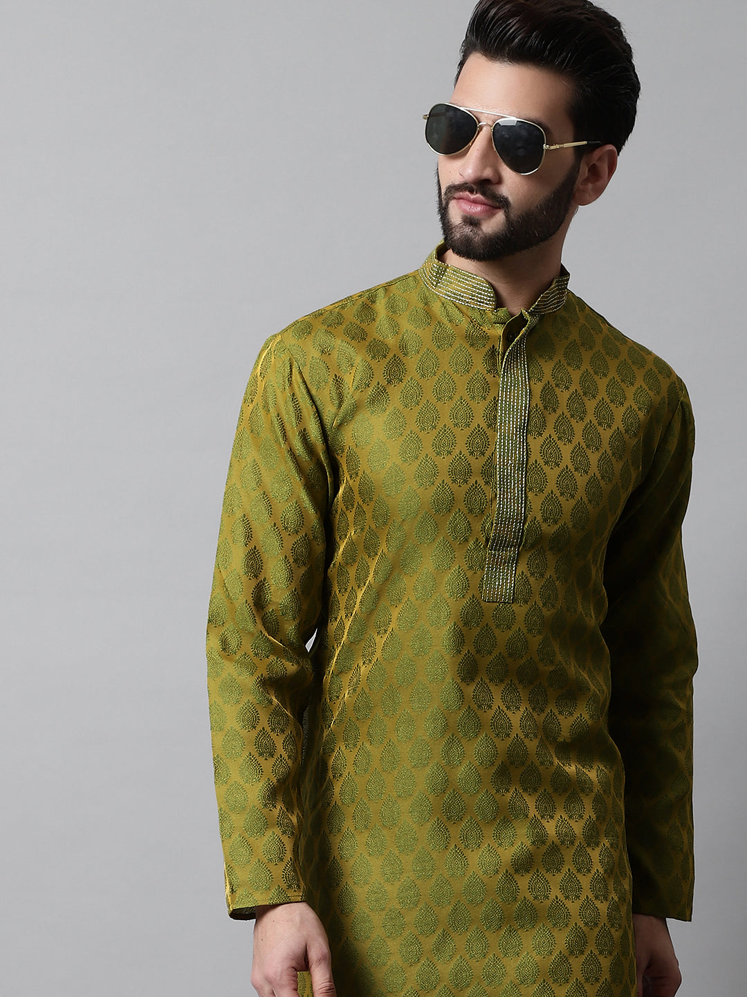 Jompers Men's Olive Green and White Woven Design Kurta | Grocsy