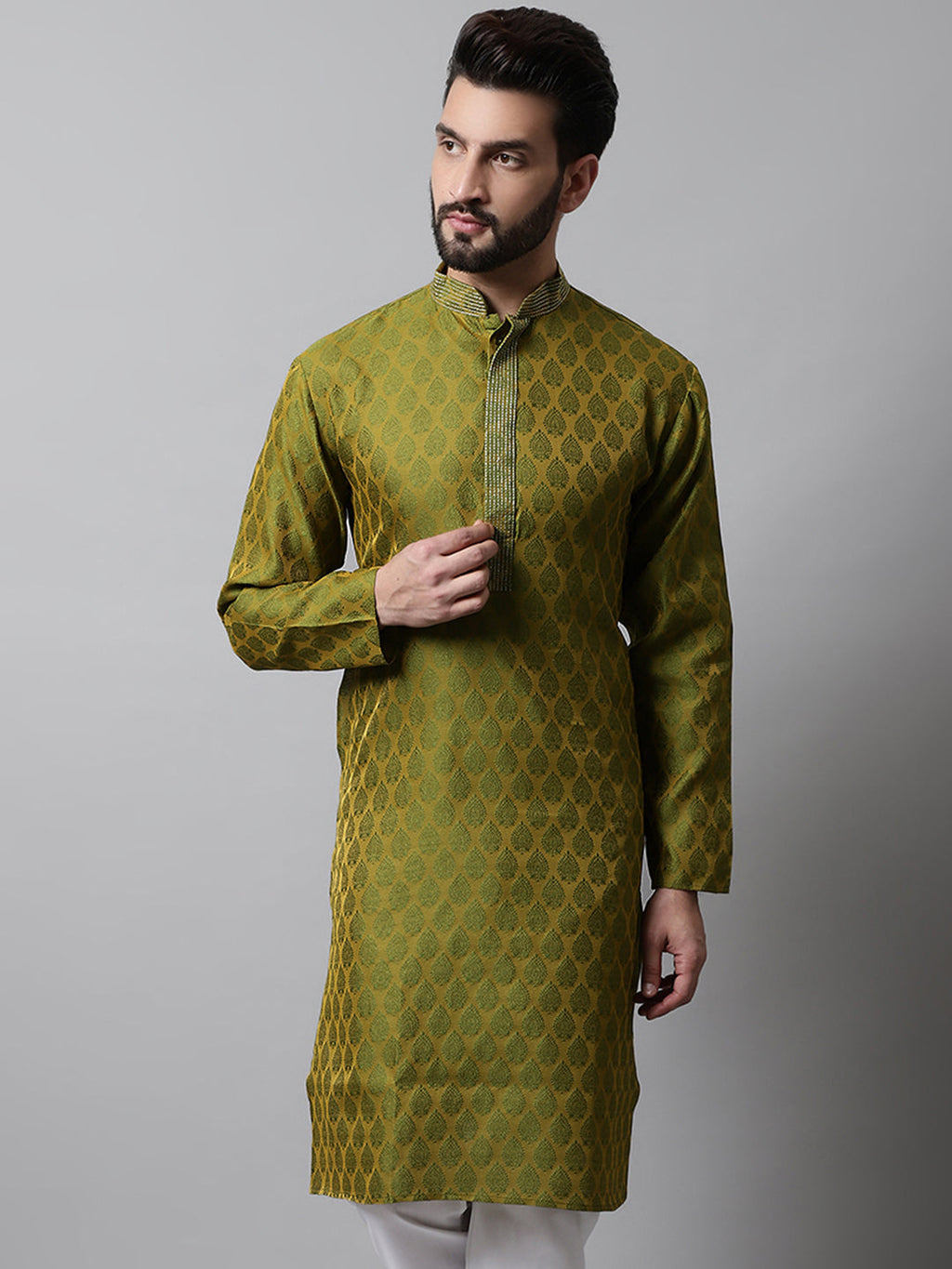 Jompers Men's Olive Green and White Woven Design Kurta | Grocsy