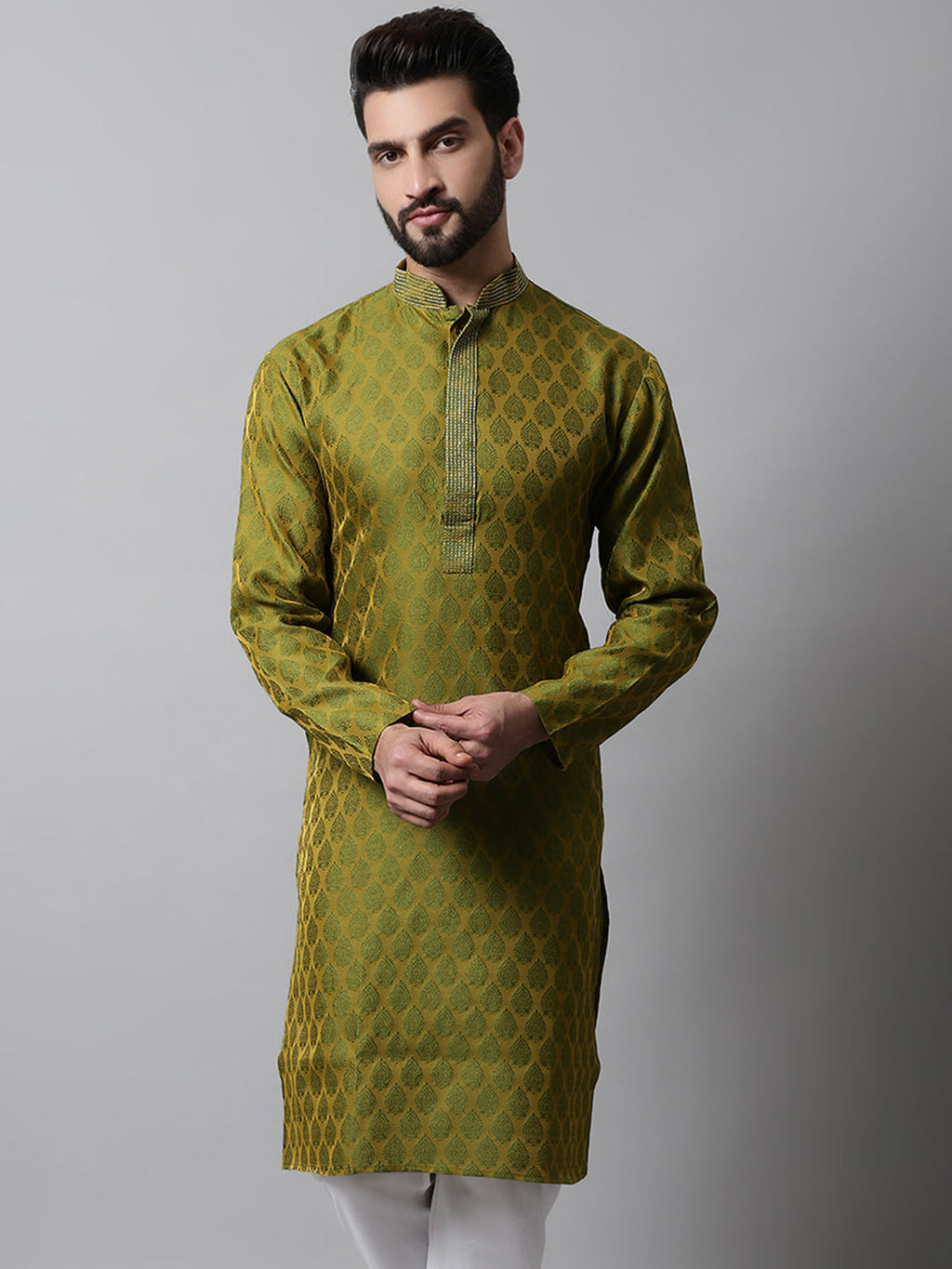 Jompers Men's Olive Green and White Woven Design Kurta | Grocsy