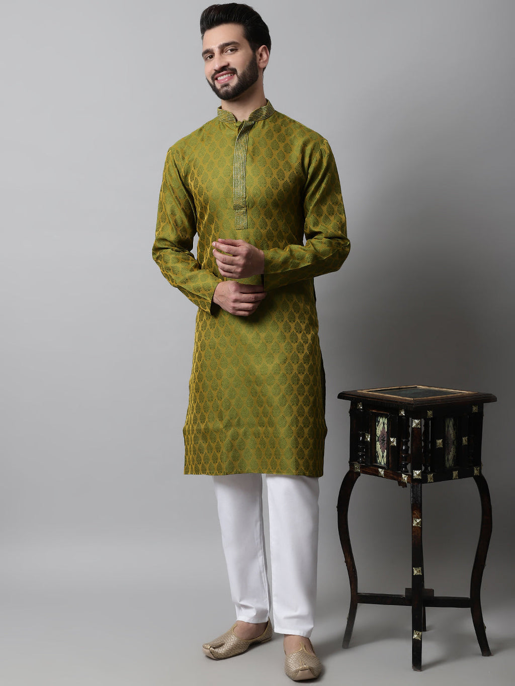 Jompers Men's Olive Green and White Woven Design Kurta | Grocsy