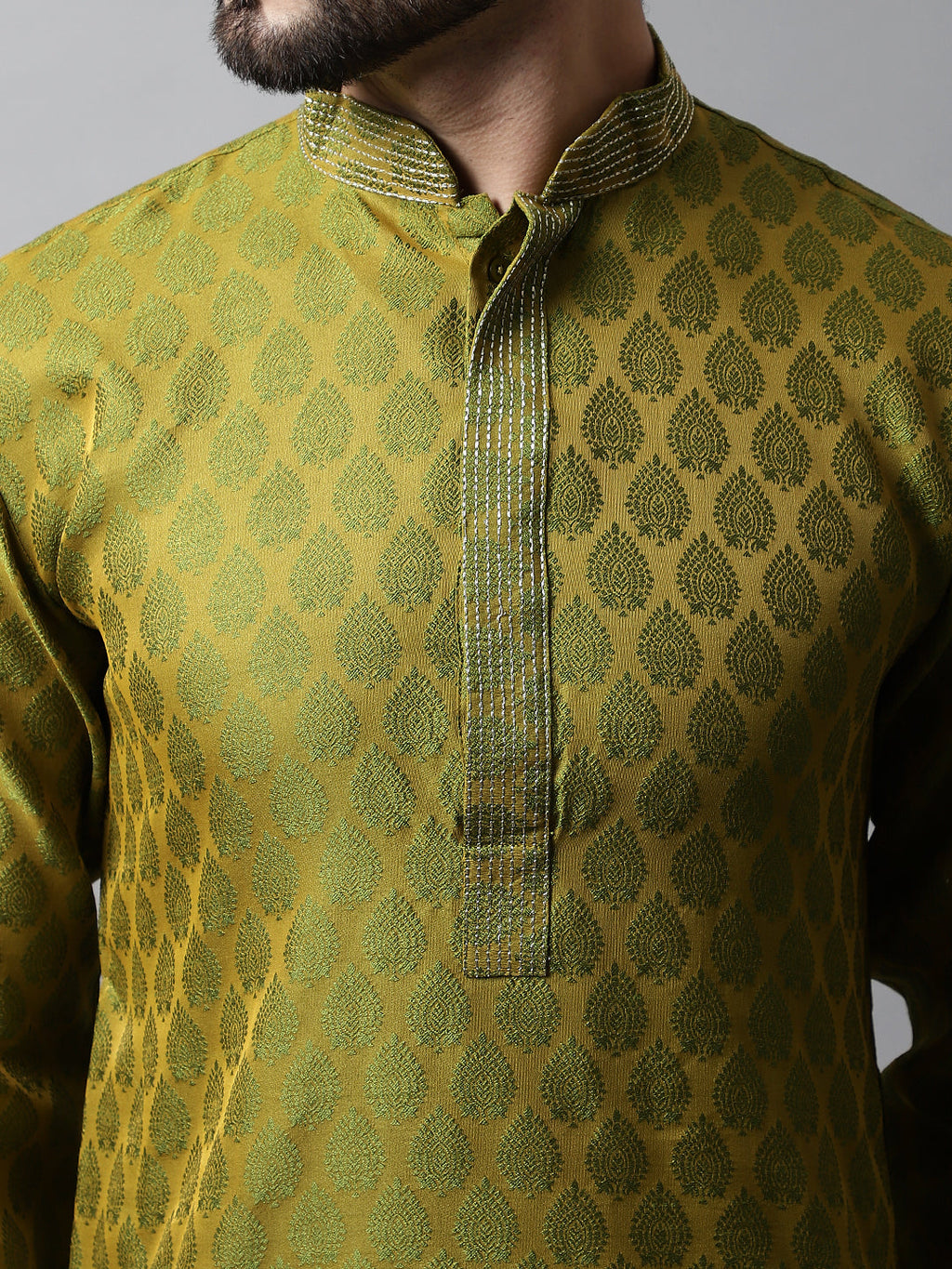 Jompers Men's Olive Green and White Woven Design Kurta | Grocsy