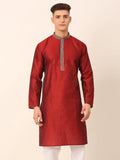 Jompers Men's Silk Blend Collar Embroidered Kurta only - Maroon | Grocsy