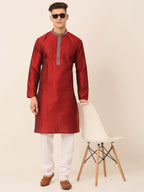 Jompers Men's Silk Blend Collar Embroidered Kurta only - Maroon | Grocsy