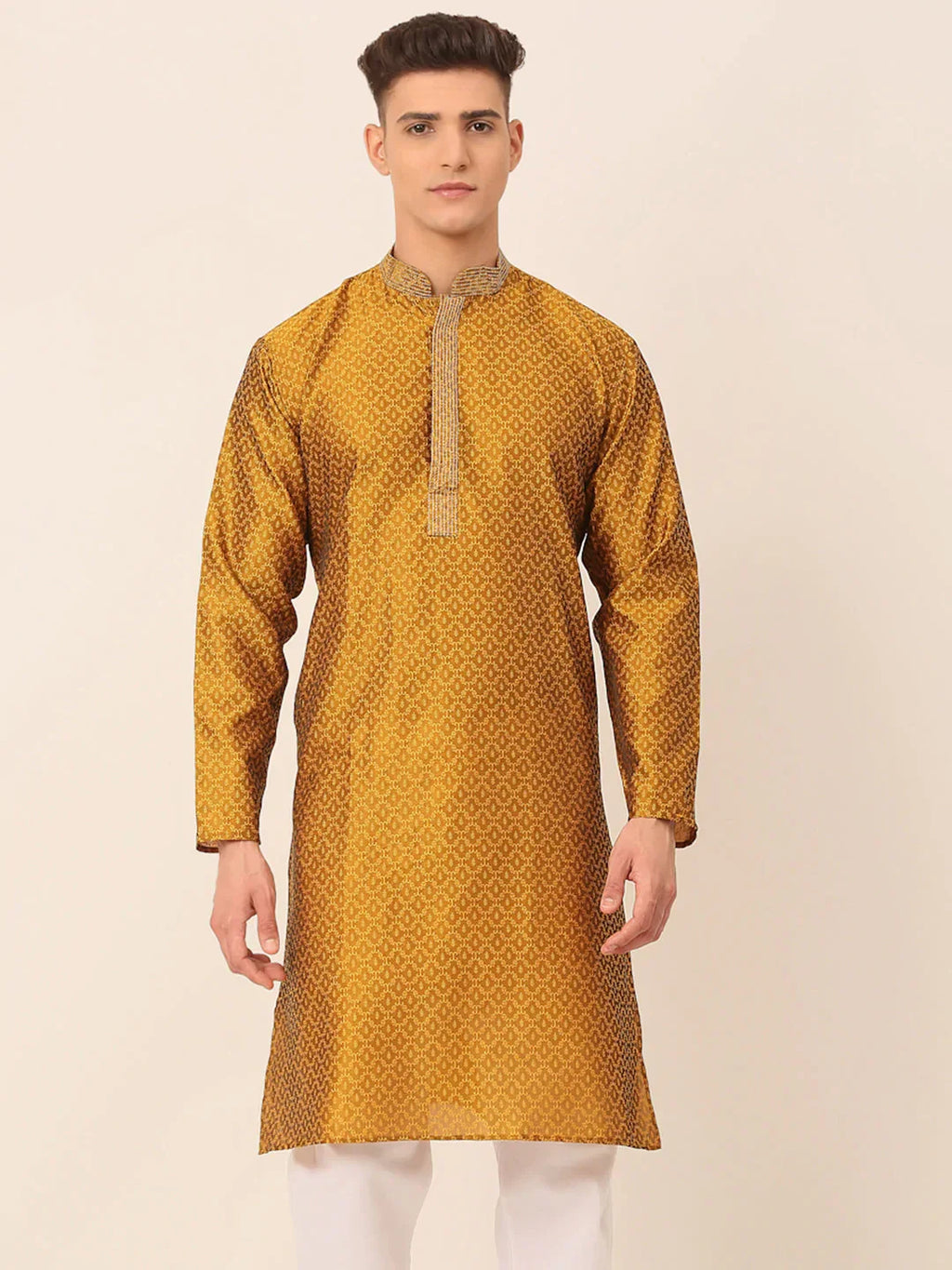 Jompers Men's Silk Blend Collar Embroidered Kurta only - Mustard | Grocsy