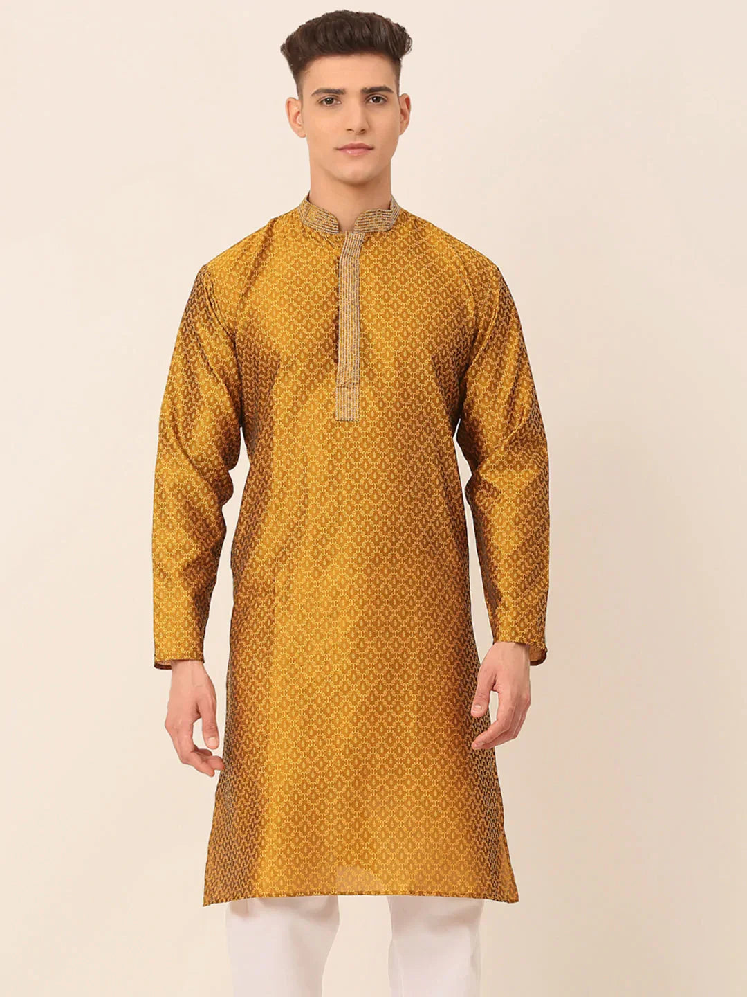 Jompers Men's Silk Blend Collar Embroidered Kurta only - Mustard | Grocsy
