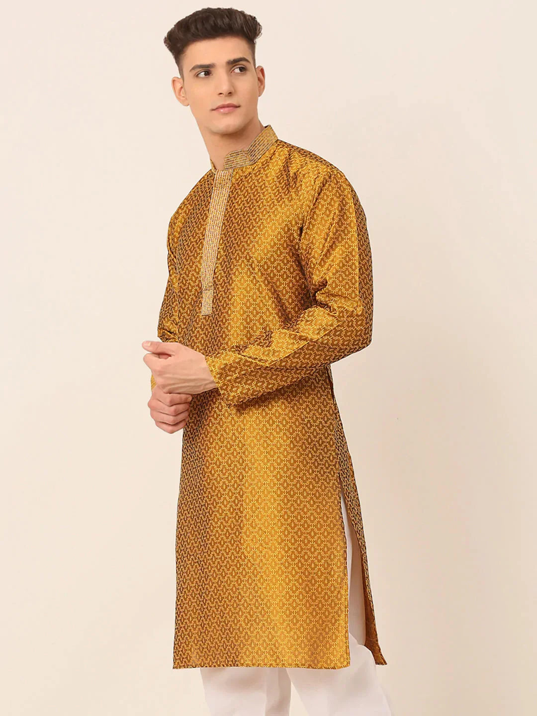 Jompers Men's Silk Blend Collar Embroidered Kurta only - Mustard | Grocsy