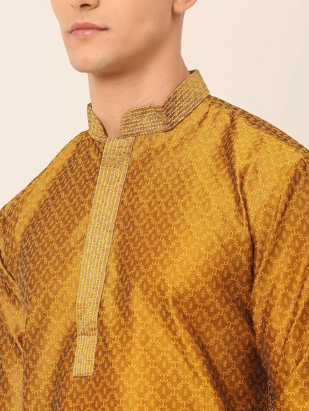 Jompers Men's Silk Blend Collar Embroidered Kurta only - Mustard | Grocsy
