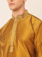 Jompers Men's Silk Blend Collar Embroidered Kurta only - Mustard | Grocsy
