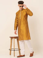 Jompers Men's Silk Blend Collar Embroidered Kurta only - Mustard | Grocsy