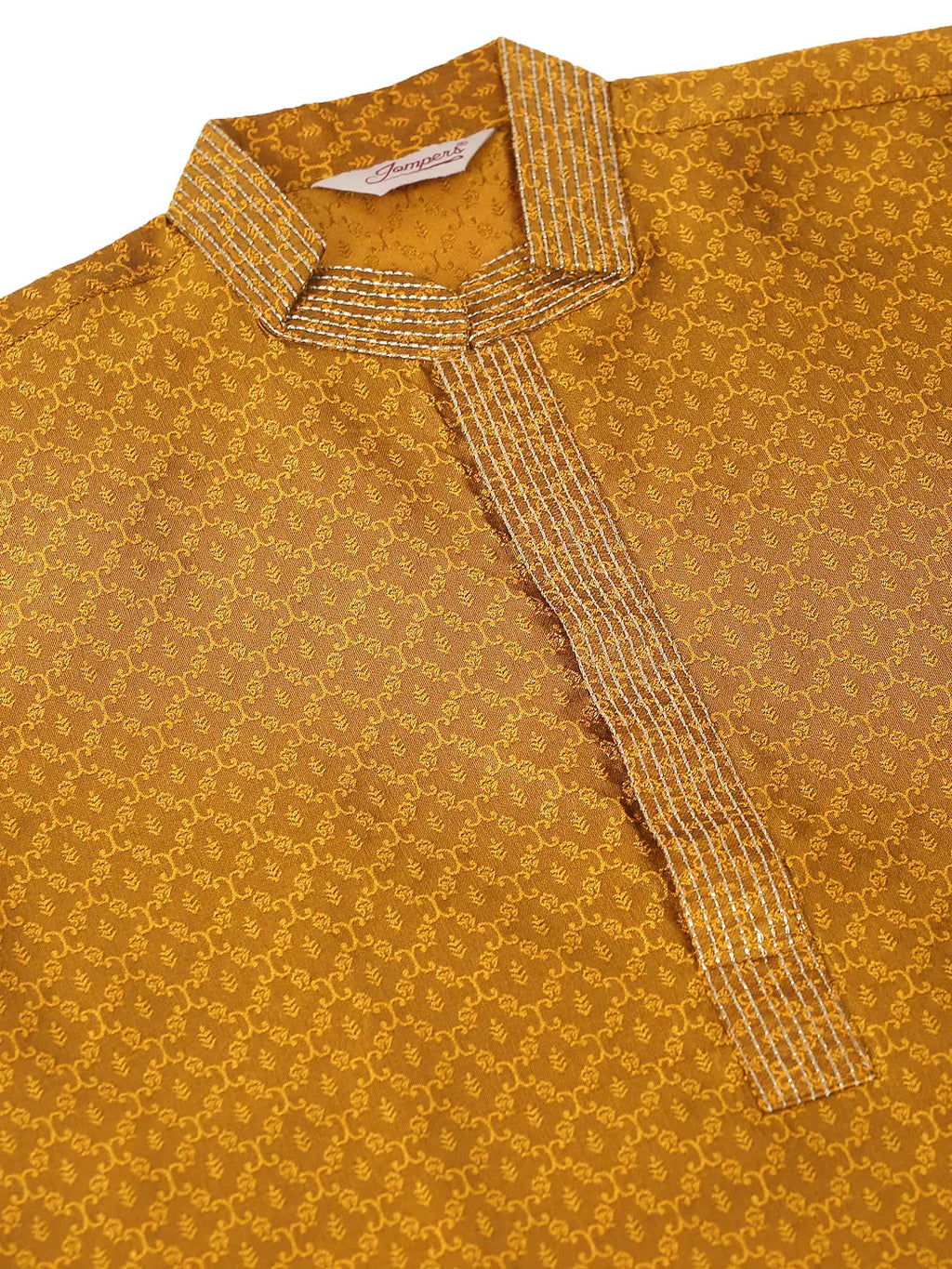 Jompers Men's Silk Blend Collar Embroidered Kurta only - Mustard | Grocsy