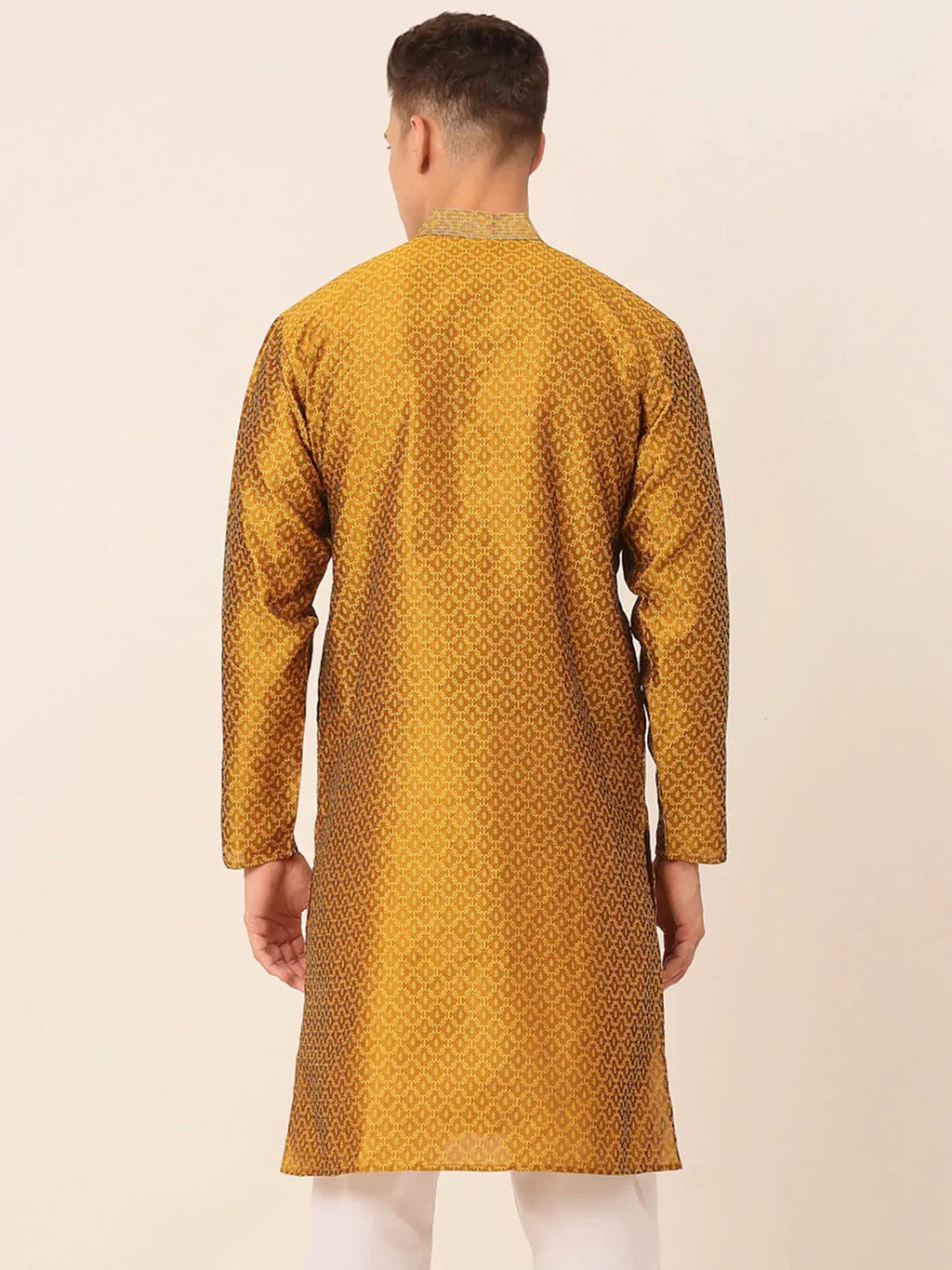 Jompers Men's Silk Blend Collar Embroidered Kurta only - Mustard | Grocsy